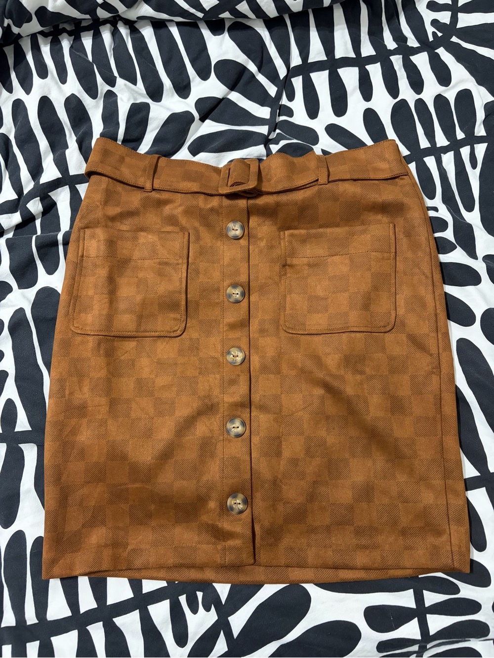 Button-Front Chestnut Pencil Skirt with Belted Waist